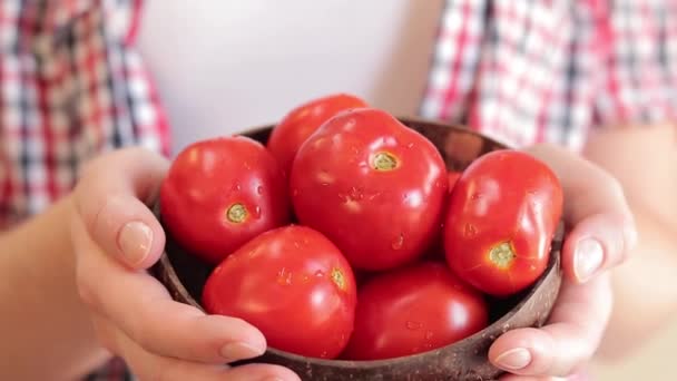 Ernte Rustikale Tomaten Einer Schüssel Den Händen Einer Frau Hände — Stockvideo