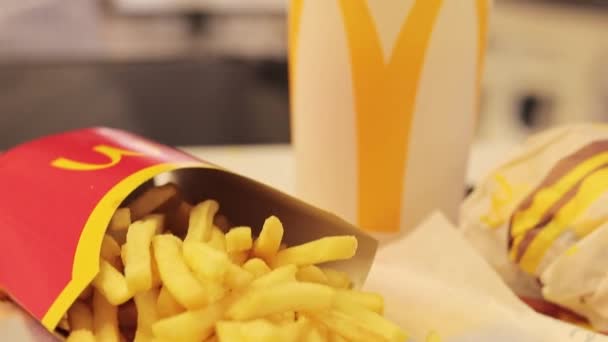 키예프 우크라이나 2023년 28일 맥도날드의 패스트푸드 프렌치 프라이 치즈버거 코카콜라 — 비디오
