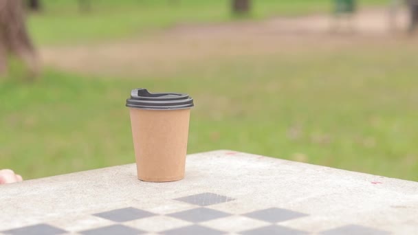 Woman Hand Takes Craft Cup Coffee Chess Table Park Grab — Stock Video