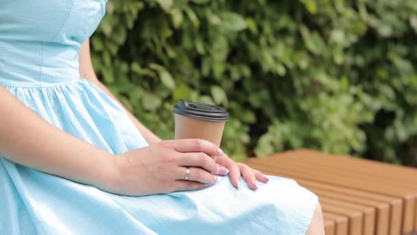 Ένα Κορίτσι Μπλε Φόρεμα Πίνει Καφέ Στο Πάρκο Κούπα Καφέ — Αρχείο Βίντεο