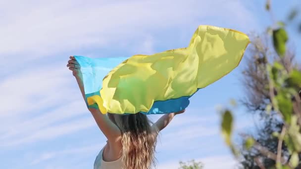 Ruce Žen Ukrajinskou Vlajkou Proti Obloze Dívka Žlutomodrou Vlajkou Rukou — Stock video