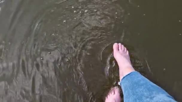 Uma Mulher Senta Borda Cais Balançando Pernas Superfície Água Pernas — Vídeo de Stock