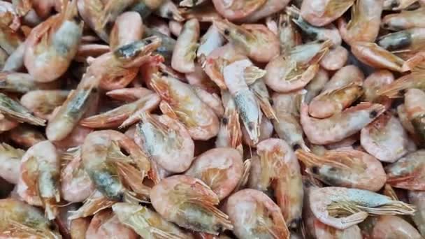 Vender Camarão Congelado Num Supermercado Camarão Mercado Peixe Movimento Suave — Vídeo de Stock
