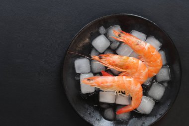 Koyu arkaplanda buzlu, büyük, dondurulmuş karides. Buzlu, siyah bir tabakta kaynamış karides. Ezilmiş buz üzerinde deniz ürünleri. Sağlıklı yeme kavramı