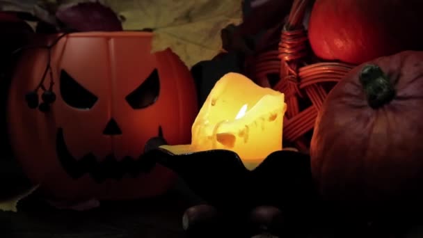 Joyeux Halloween Seau Citrouille Plastique Avec Sourire Maléfique Concept Horreur — Video