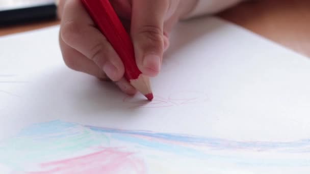 Child Draws Colored Pencils Album Children Creativity Learning Kindergarten School — Stock Video