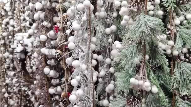 New Year Decor Artificial Branches White Balls Berries Pine Cones — Stock Video