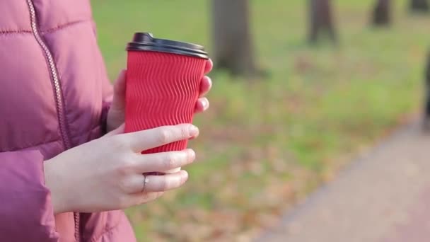 Sonbaharda Bir Kız Parkta Kahve Çay Içer Elleri Kağıt Bardakla — Stok video