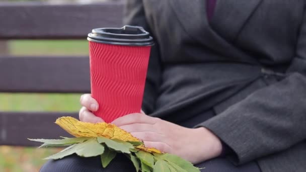 Дівчина Каву Або Чай Парку Восени Руки Паперовою Чашкою Крупним — стокове відео
