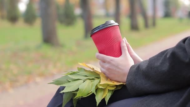 Дівчина Каву Або Чай Парку Восени Руки Паперовою Чашкою Крупним — стокове відео