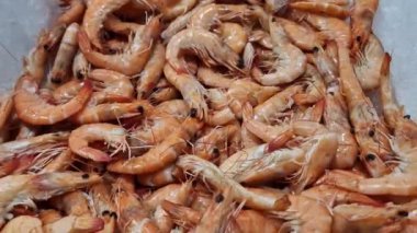 Süpermarkette ya da markette dondurulmuş haşlanmış karides, yakın çekim video. Deniz ürünleri.