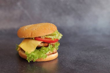 Gri arka planda duble çizburger. Lezzetli hamburgerler yakın plan, yan manzara. Fast food. Boşluğu kopyala