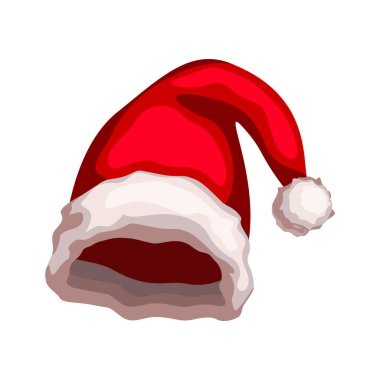 Noel Baba şapkası. Beyaz kürklü ve balonlu kırmızı tatil şapkası. Vektör görüntüsü. Noel Baba kıyafeti, element.