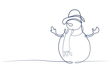 Atkı ve şapkalı stilize kardan adam. Kışın sembolü. Kardan adam elini sallıyor, hatlarını çiziyor.