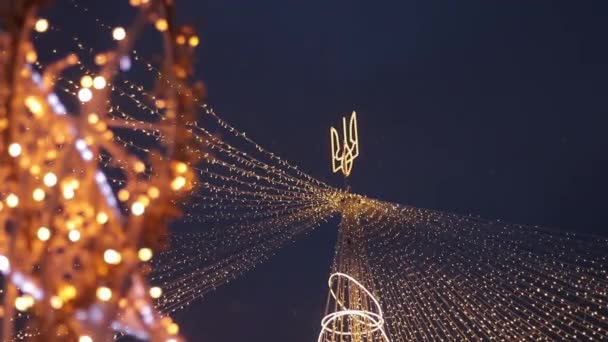 乌克兰基辅 2023 乌克兰国徽 象征国家和圣诞花环 夜晚或夜晚 圣诞城市的装饰品新年装潢 — 图库视频影像