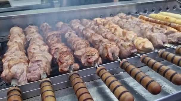 Kebabs Sur Brochettes Grill Automatique Gros Plan Salle Manger Foire — Video