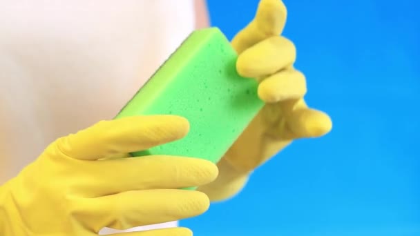 Mãos Femininas Luvas Látex Mantêm Esponjas Para Lavar Pratos Limpar — Vídeo de Stock