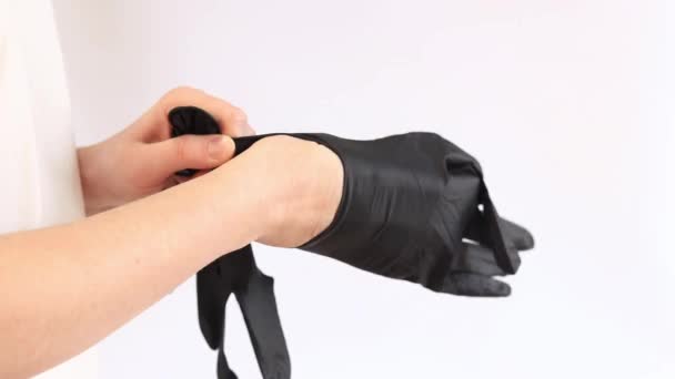 Kobiece Ręce Czarnych Rękawiczkach Lateksowych Medycyna Opieka Zdrowotna Pielęgniarka Lub — Wideo stockowe