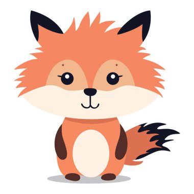 Şekillendirilmiş şirin bir tilkinin düz çizimi. Çizgi film gülen tilki, çocuklar için sevimli bir karakter. Bir hayvanın vektör çizimi