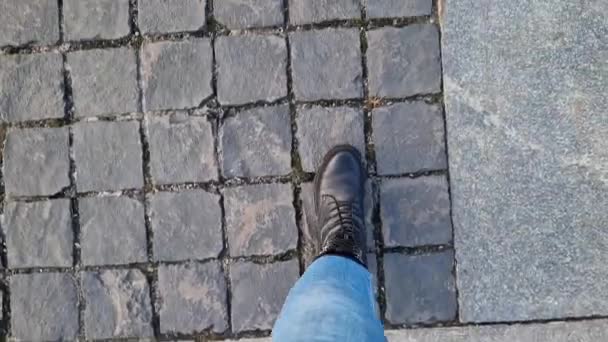 女性の足は公園の舗装石に沿って歩いています 涼しい天候で通りを歩いている人間の足の閉鎖 春か秋に歩く — ストック動画