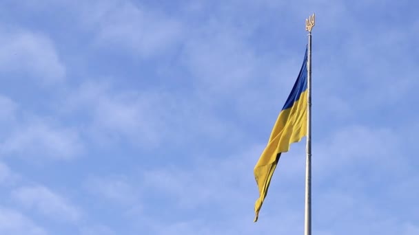 Kiev Ucrânia Fevereiro 2024 Bandeira Ucrânia Sobre Fundo Céu Azul — Vídeo de Stock