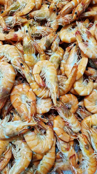 Frozen boiled shrimp in a supermarket or grocery store, close-up. Seafood