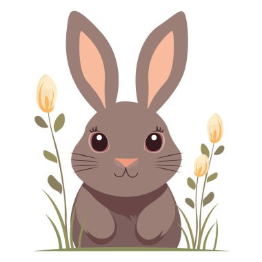 Bitki elementleri olan şirin bir tavşanın düz çocuk çizimi. Vektör tavşan, pastel renkler. Kartlar ve pankartlar için Paskalya tavşanı