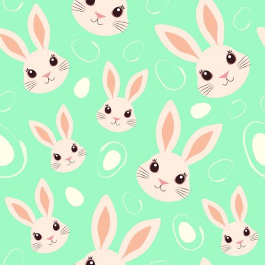 Paskalya tavşanı yüzlü ve stilize yumurtalı kusursuz bir altyapısı var. Paskalya için düz çizim. Pastel renklerde bahar tatili geçmişi. Mutlu Paskalyalar
