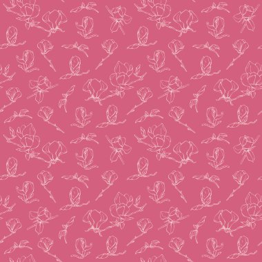 Farklı manolya çiçeklerinin desenleriyle kusursuz bir arka plan. Manolya çiçekleri, el çizimi. Çiçek botanik koleksiyonu. Bitmeyen çiçek arkaplanı