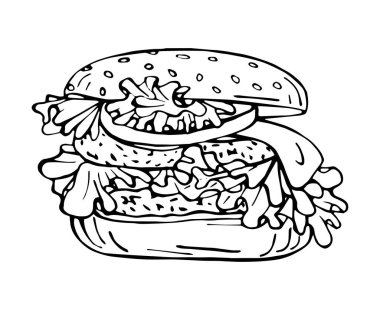 Fast food. Çizburger çizimi, lezzetli popüler yemek, vektör görüntüsü. Fast food restoranlarından alınmış yemek görüntüleri. Hamburger çizimi