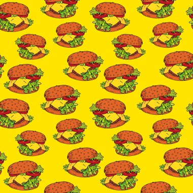 Fast food ve çizburgerle kusursuz bir geçmişi var. Fast food restoranlarından lezzetli popüler yemekler, vektör imajı. Sonsuz özgeçmiş. Biçimlendirilmiş yiyecek görüntüleri. Hamburger.