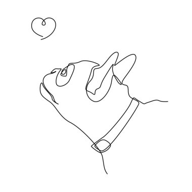 Fransız bulldog ağızlığının doğrusal çizimi, köpek ve kalp. Bir köpek insanın en iyi dostudur. Şirin köpek suratı, minimalizm. Hayvan dövmesi.