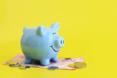Sarı arka planda domuz kumbarası, yakın plan. Fotokopi alanı olan şirin bir kumbara. Hayallerin için para biriktir. Biriktirmek, para toplamak. Kağıt banknotların üzerinde duran domuz kumbarası, Ukrayna Hryvnia