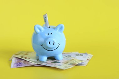 Sarı arka planda domuz kumbarası, yakın plan. Fotokopi alanı olan şirin bir kumbara. Hayallerin için para biriktir. Biriktirmek, para toplamak. Kağıt banknotların üzerinde duran domuz kumbarası, Ukrayna Hryvnia