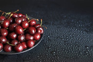 Siyah bir tabakta vişneli, ıslak arka planda, yakın plan. Islak tatlı olgun kirazlar. Yeşil saplı koyu kırmızı kirazlar ince su damlacıklarıyla kaplı. Yaz meyveleri, vitaminler