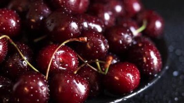 Siyah arka planda kiraz çilekleri, yakın plan. Islak tatlı olgun kirazlar. Yeşil saplı koyu kırmızı kirazlar ince su damlacıklarıyla kaplı. Yaz meyveleri, vitaminler
