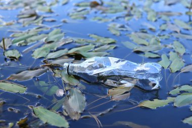 Plastik şişe suda, gölde ya da nehirde. Plastik kirliliği. Rezervlerin ve nehirlerin kirliliği. Nehirdeki çöpler yakın planda. Terk edilmiş bir şişe gölde yüzüyor. Nehir suyunda yiyecek plastiği