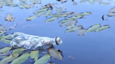 Plastik şişe suda, gölde ya da nehirde. Plastik kirliliği. Rezervlerin ve nehirlerin kirliliği. Nehirdeki çöpler yakın planda. Terk edilmiş bir şişe gölde yüzüyor. Nehir suyunda yiyecek plastiği