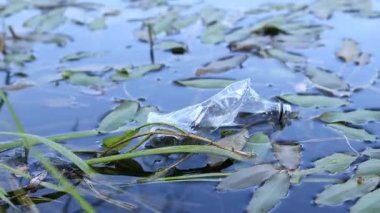 Plastik şişe suda, gölde ya da nehirde. Plastik kirliliği. Rezervlerin ve nehirlerin kirliliği. Nehirdeki çöpler yakın planda. Terk edilmiş bir şişe gölde yüzüyor. Nehir suyunda yiyecek plastiği