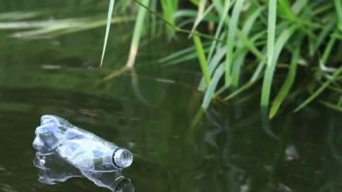 Plastik şişe suda, gölde ya da nehirde. Plastik kirliliği. Rezervlerin ve nehirlerin kirliliği. Nehirdeki çöpler yakın planda. Terk edilmiş bir şişe gölde yüzüyor. Nehir suyunda yiyecek plastiği