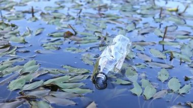 Plastik şişe suda, gölde ya da nehirde. Plastik kirliliği. Rezervlerin ve nehirlerin kirliliği. Nehirdeki çöpler yakın planda. Terk edilmiş bir şişe gölde yüzüyor. Nehir suyunda yiyecek plastiği