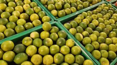 Markette meyve, plastik kutularda limon satışı. Limon satışı, seçici odaklanma. Süpermarketteki ürünler. Plastik kutularda turunçgil meyveleri, yakın plan. Olgun, sulu, yeşil meyveli C vitamini.