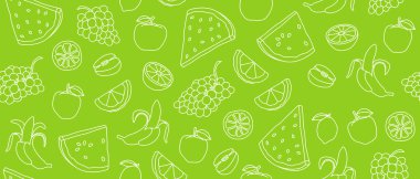 Kusursuz bir arka plan ve meyve çizimleri. Arkaplanda elma, üzüm, portakal, karpuz dilimleri, limon ve muz çizimleri var. Çizgi çizimleri. Yaz vektörü pankartı