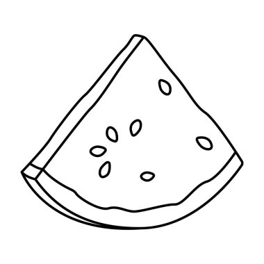 Karpuz dilimi, doğrusal çizim. Simge. Çekirdekli bir karpuz parçasının doğrusal simgesi. Boyama için çizim. Yaz pankartları için taze meyve çizimleri