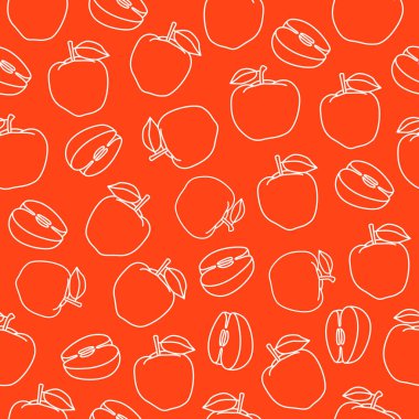 Elmalarla kusursuz bir arka plan. Parlak bir arka planda elma çizimleri. Meyvelerin doğrusal çizimi. Sonsuz arkaplan