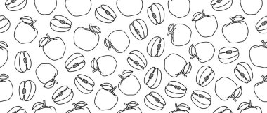 Elmalarla kusursuz bir arka plan. Beyaz arka planda elma çizimleri. Meyvelerin doğrusal çizimi. Sonsuz arkaplan