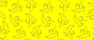 Muzlarla kusursuz bir geçmişi var. Sarı arka planda soyulmuş muz çizimleri. Çizgi çizme. Sonsuz özgeçmiş. Muz deseni, tekstil, sanat, tropik meyve