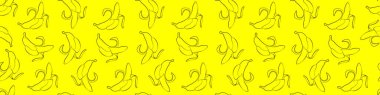 Muzlarla kusursuz bir geçmişi var. Sarı arka planda soyulmuş muz çizimleri. Çizgi çizme. Sonsuz özgeçmiş. Muz deseni, tekstil, sanat, tropik meyve