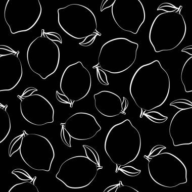 Limonlu, kusursuz bir geçmişi var. Yapraklı limon çizimleri. Çizgi çizme. Sonsuz özgeçmiş. Citrus meyve deseni, tekstil, sanat, limon