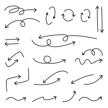 Beyaz zemin üzerinde vektör okları kümesi. Okları çeken vektör el, yönü belirten oklar. Tasarım elemanları. Farklı oklar koleksiyonu